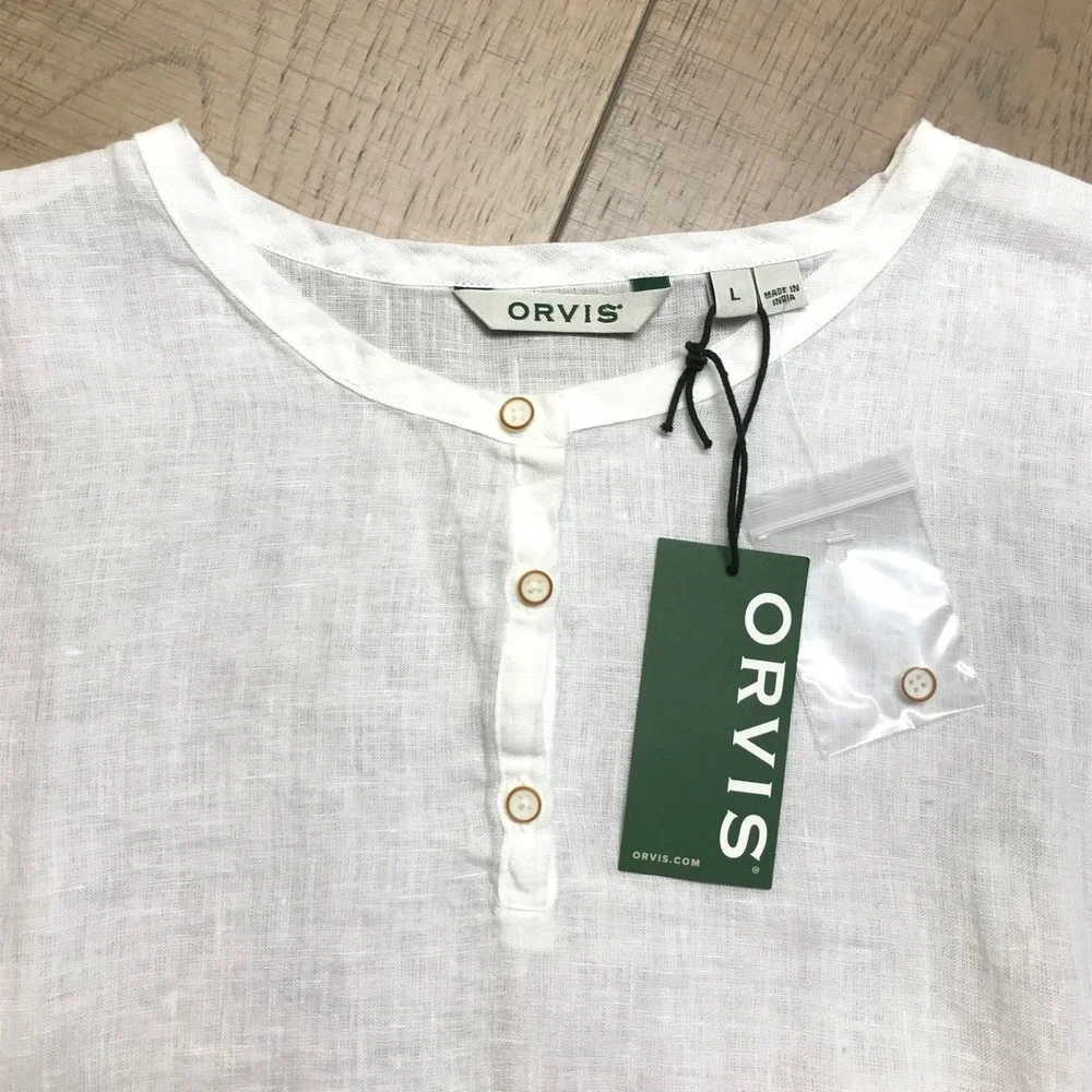 Orvis Linen Top Blouse Womens Size L White Button Up Beach Henley Lightweight - Picture 3 of 10